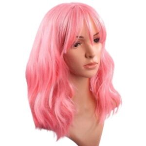 Pink Wig With Bang 15” Crimped Hair Medium Length Pastel